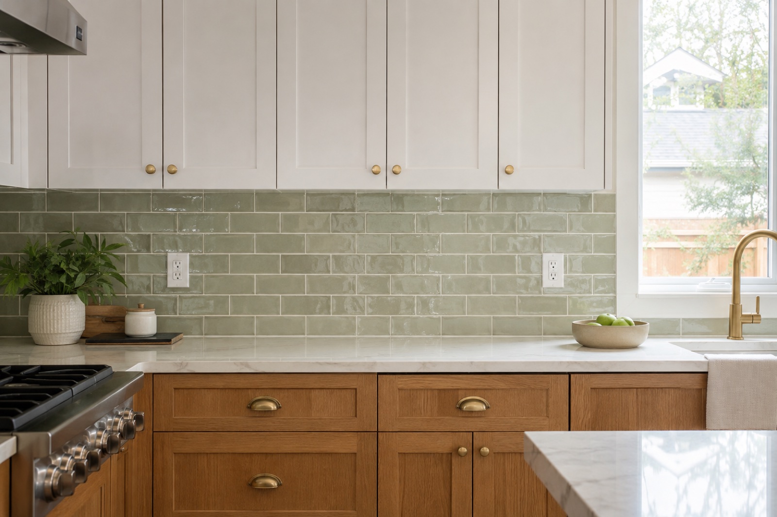 Concept visualization of a Newmarket kitchen with a sage green ceramic tile backsplash