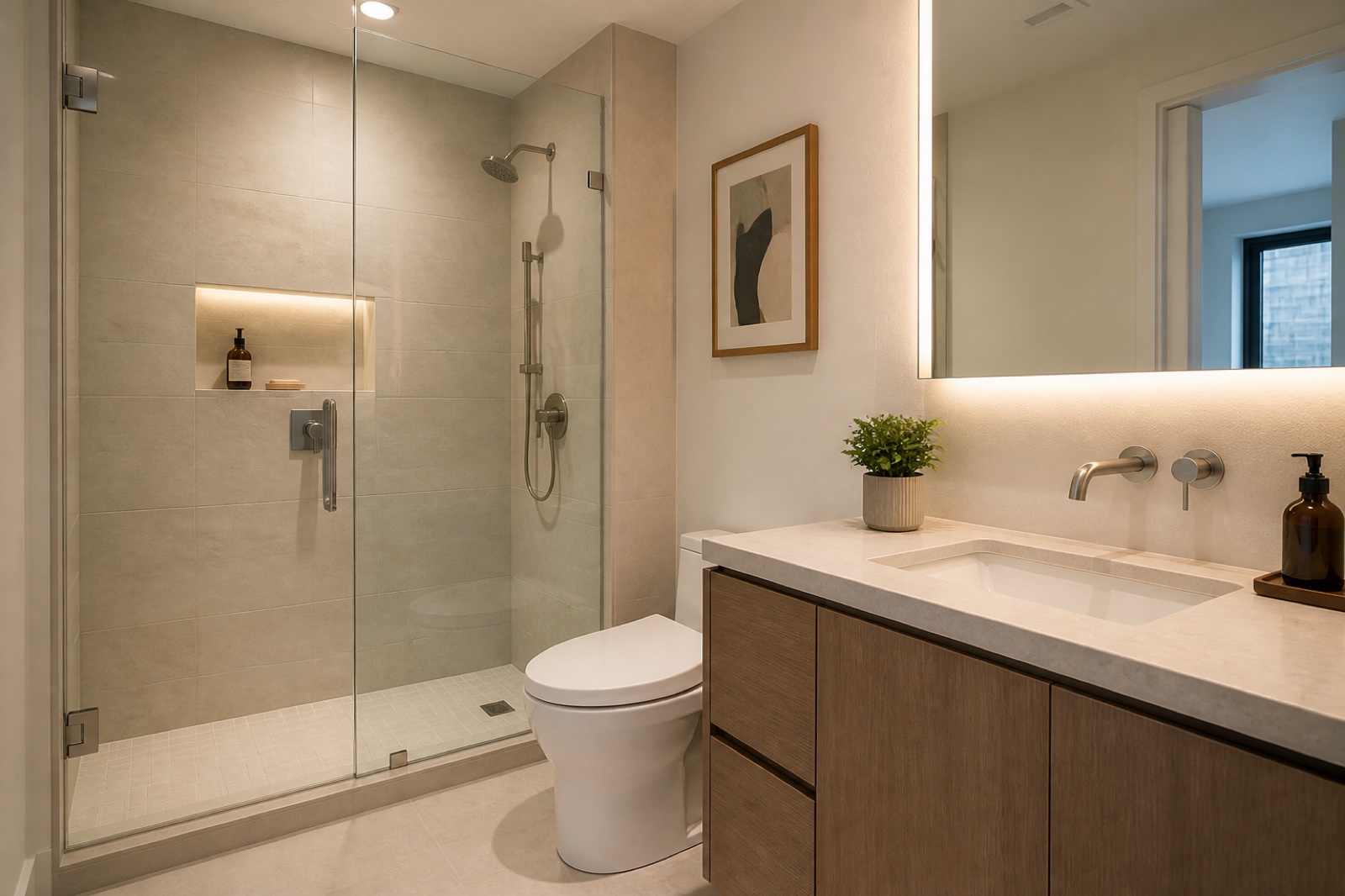 Concept visualization of a Toronto condo bathroom with large-format porcelain shower tile