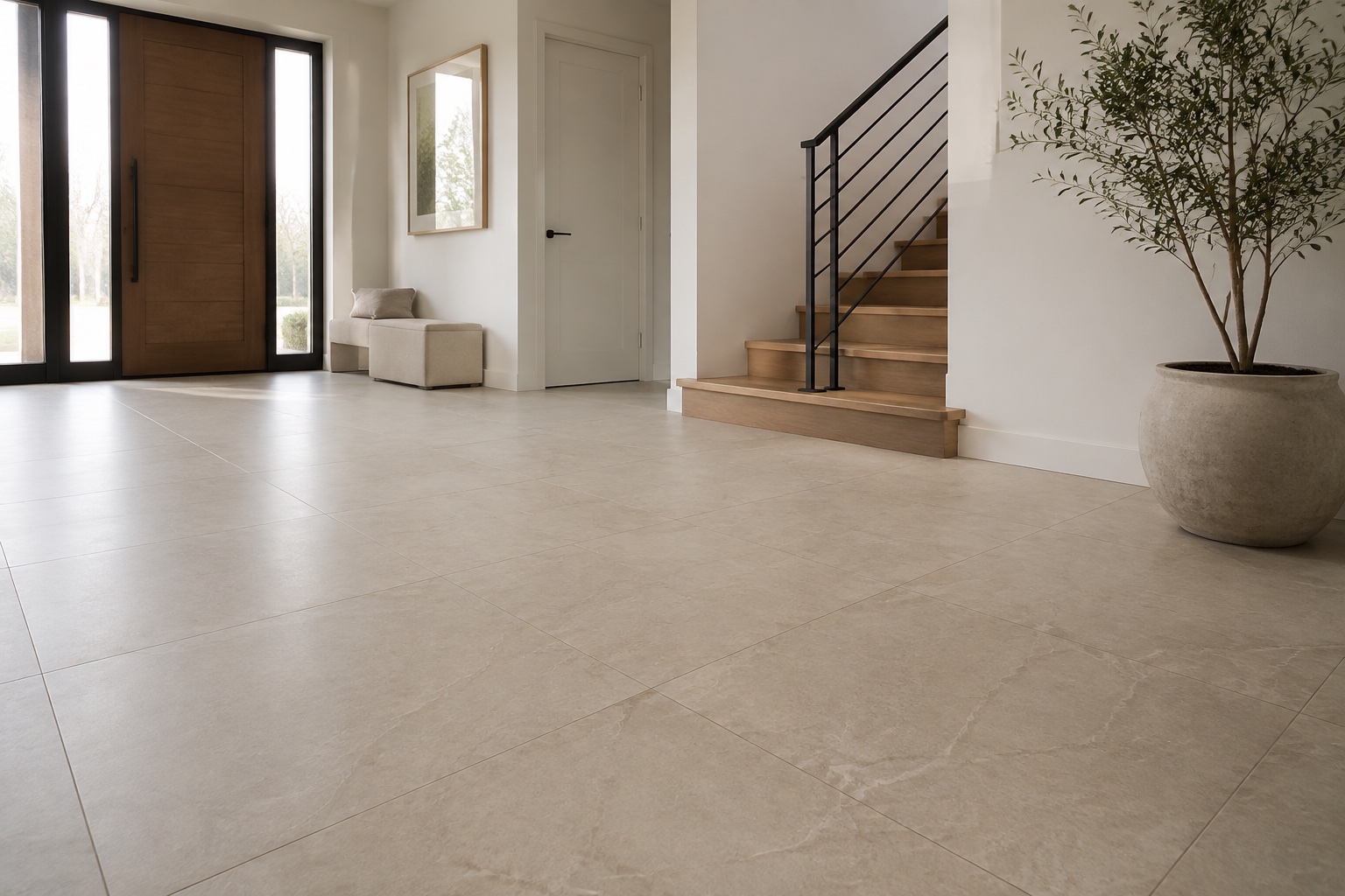 Large stone-look porcelain tiles in an entry hall
