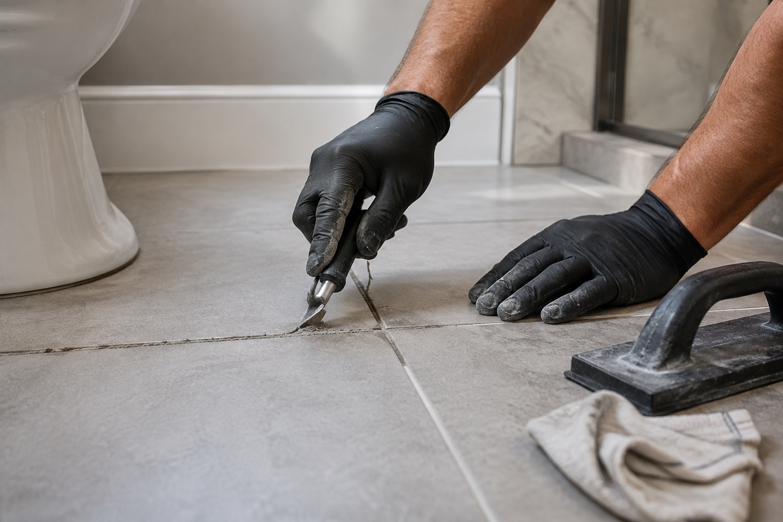 A tile joint being repaired with hand tools