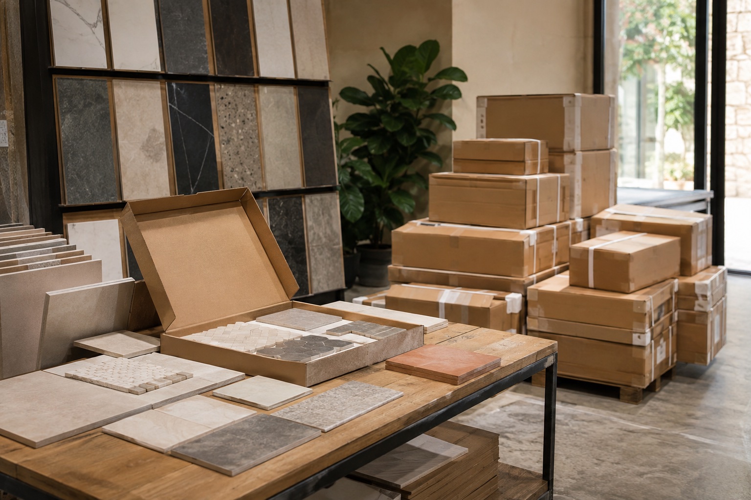 Tile samples and packaged materials ready for selection and delivery